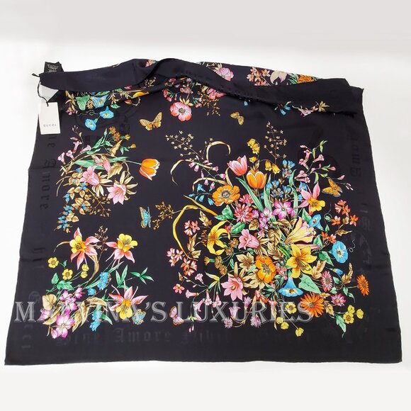 GUCCI SCARF SINE AMORE FLORAL BOUQUET FLORA BLACK SILK TWILL SQUARE 35" - Picture 5 of 12